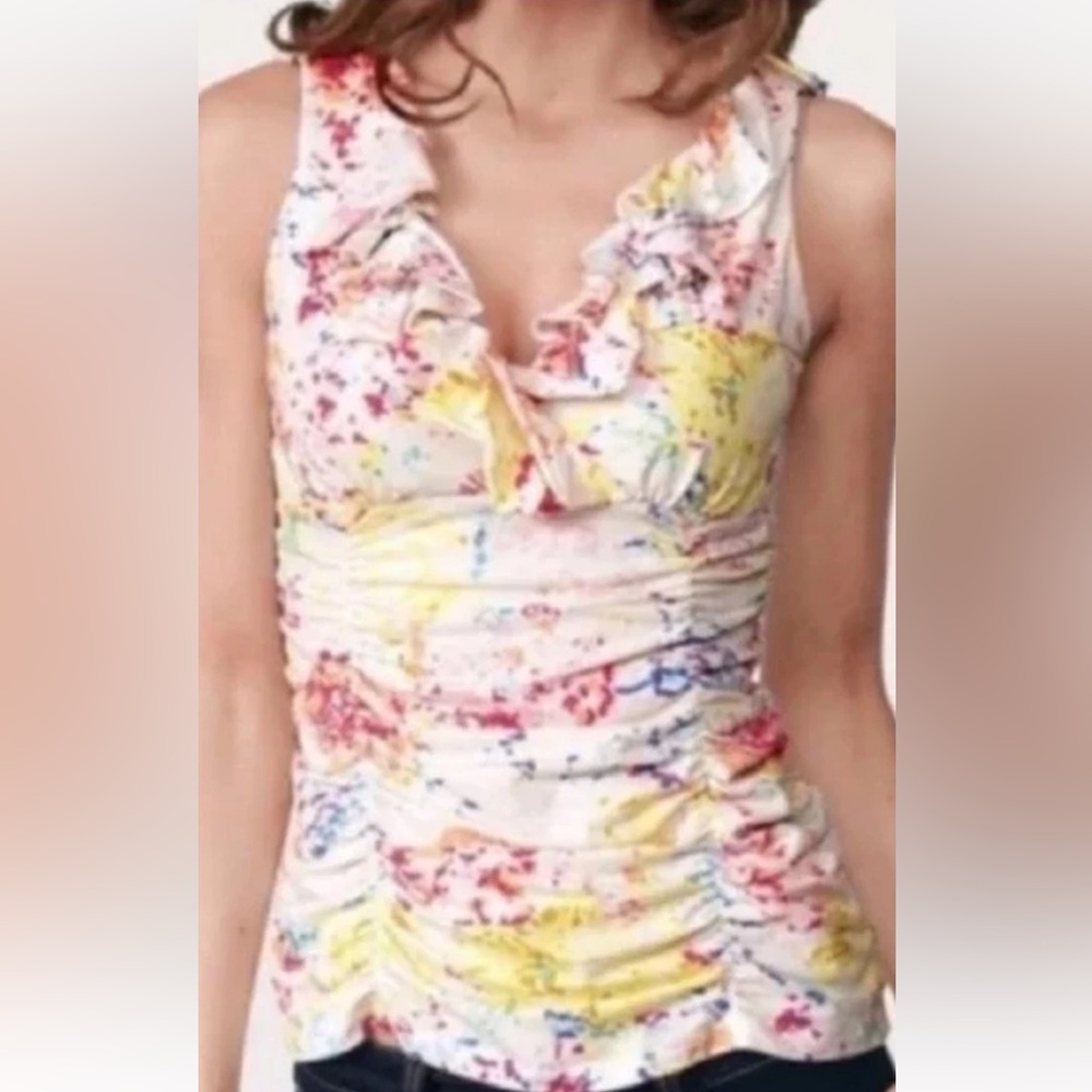 CAbi #894 Sleeveless Shirt White/Multi Ruffle Paint Splatter Ruched Size Large L